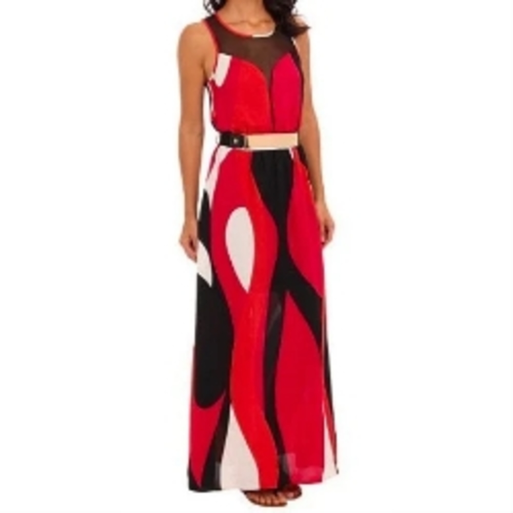 Striking Summer Maxi Dress, Removable Belt W Gold Detail, Keyhole Back, Unworn.